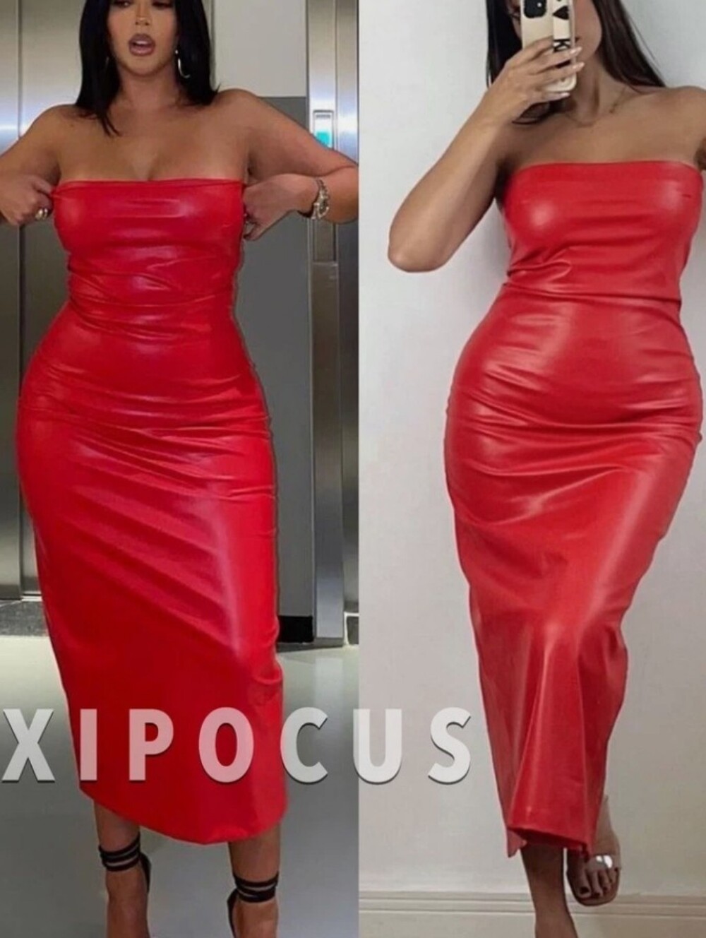 AMAZON FAUX LEATHER STRAPLESS MIDI DRESS RED